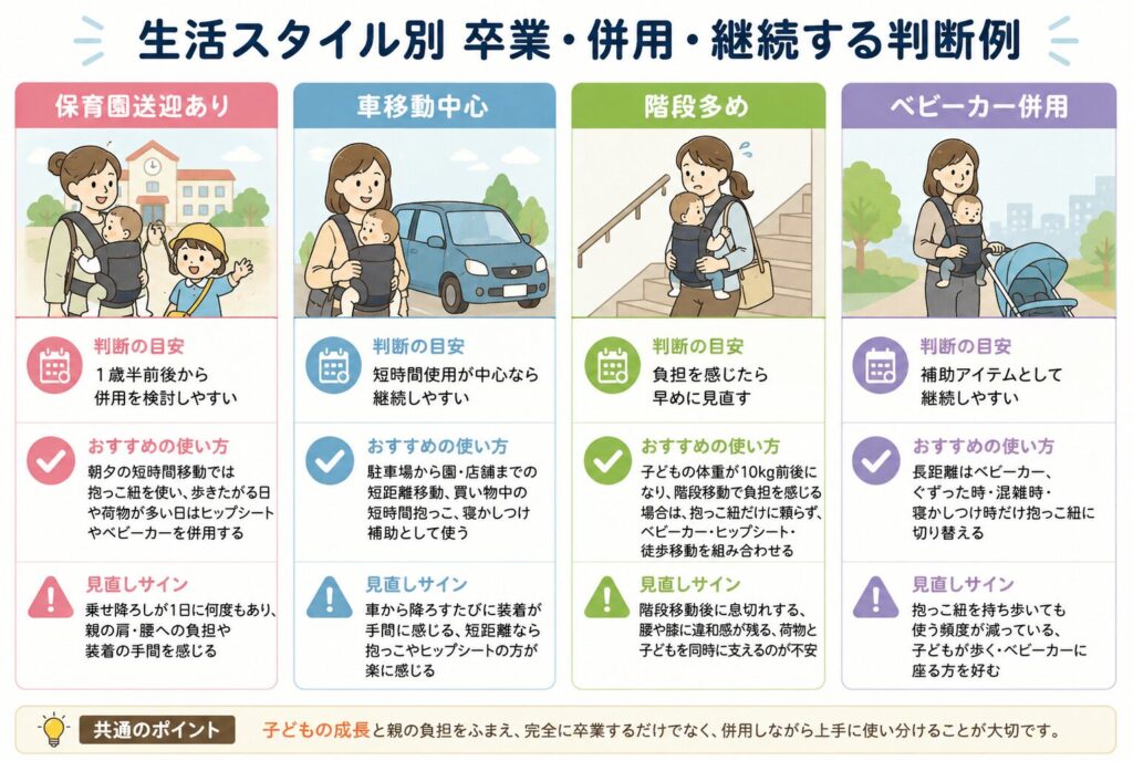 生活スタイル別｜抱っこ紐を卒業・併用・継続する判断例