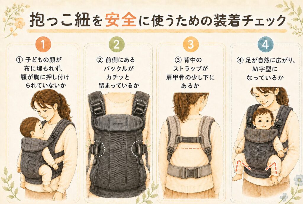 抱っこ紐を安全に使うための装着チェック図解